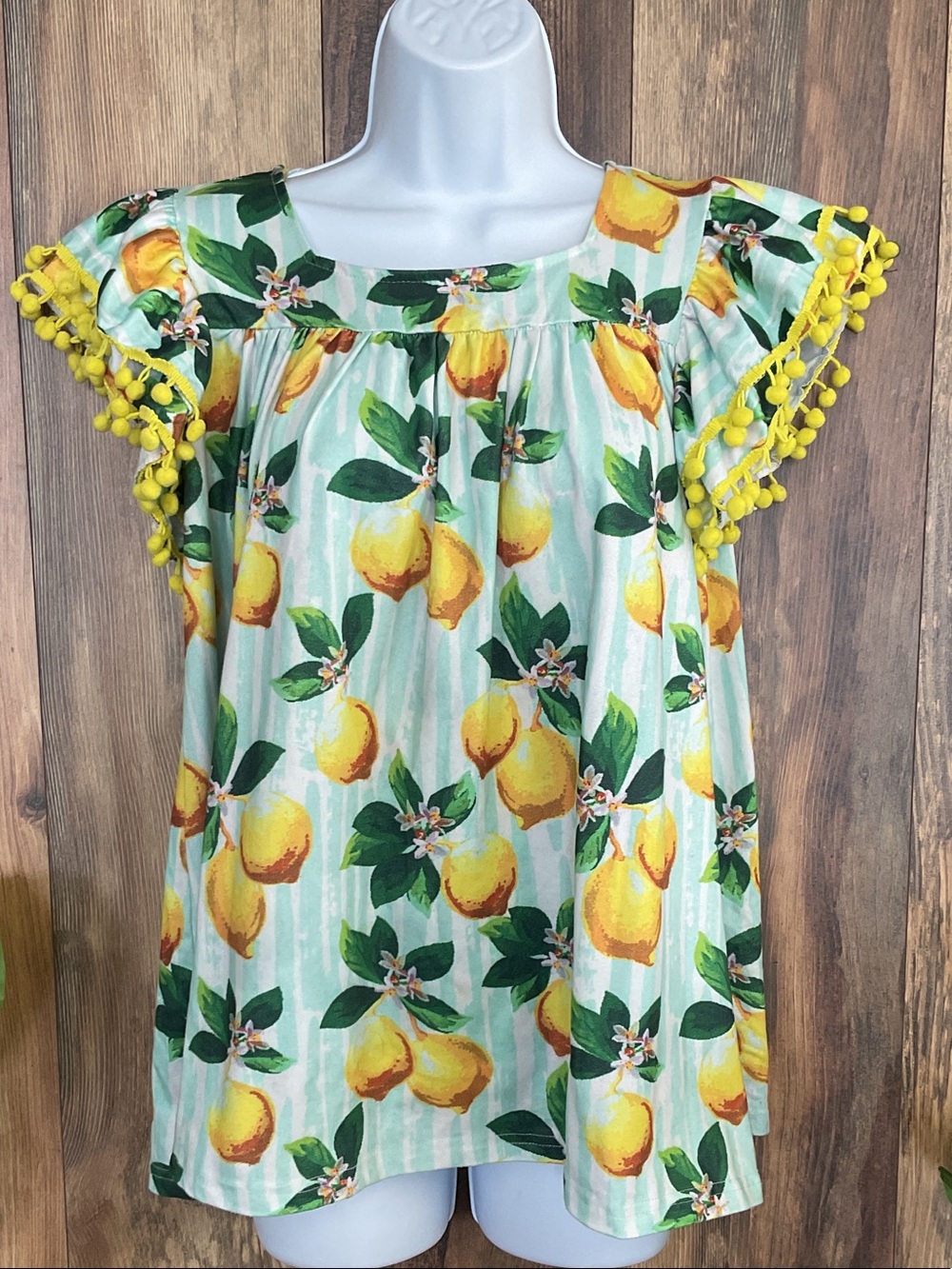 Yellow Lemon Print Pom-Pom Sleeve Blouse M C231